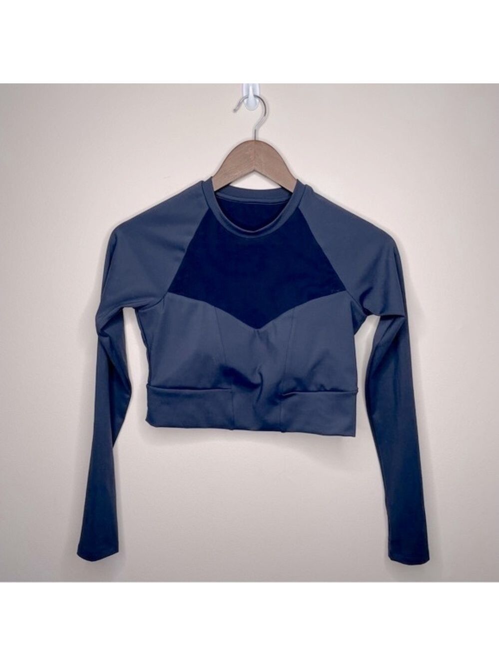 Navy Blue Medium Contour Fitted Cropped Dance Top Mesh Accent Long Sleeve